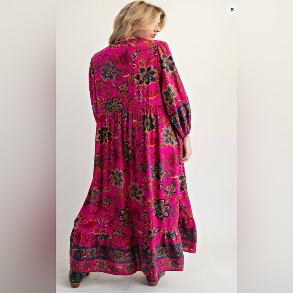 easel Bright Magenta Floral Maxi Dress with Navy Trim
